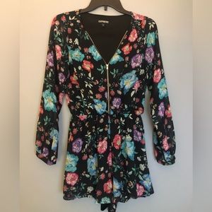 Express XS Black Floral Shorts Romper Long Sleeves